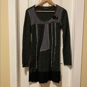Wool Blend Long Sweater With Waste Tie Black Gray Whimsigoth Art to Wear Witchy